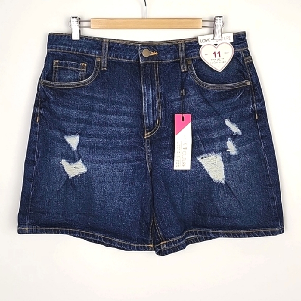 Love Culture Distressed Denim High Waist Dark Denim Blue Jean Shorts Size 11